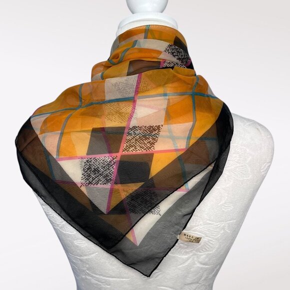 Echo Italy Sheer Square Scarf Geometric Black Orange Pink - Picture 5 of 7